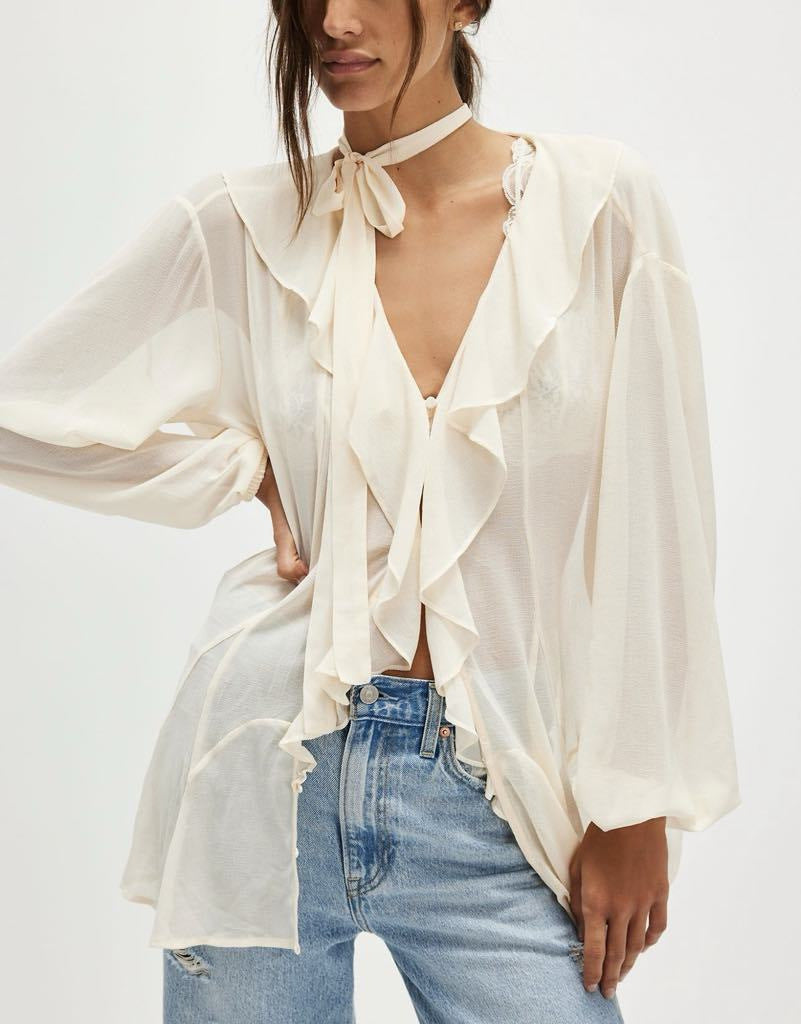 Sheer Ruffle Blouse with Bell Sleeves and Matching Scarf