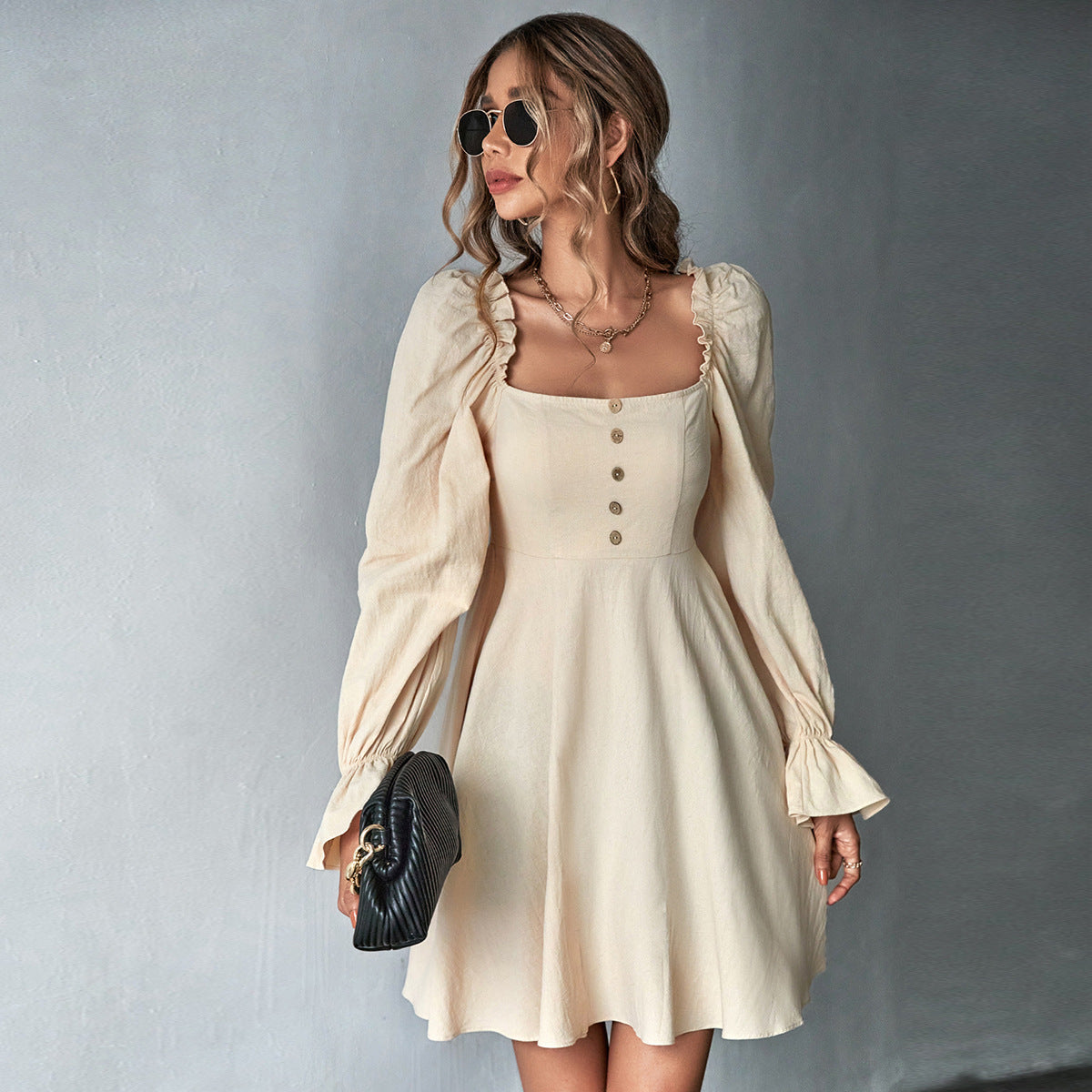 A-Line Knitted Mini Dress with Square Neck and Puff Sleeves