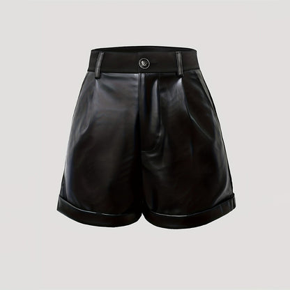 Faux Leather High-Waist Shorts with Pleats and Cuffs