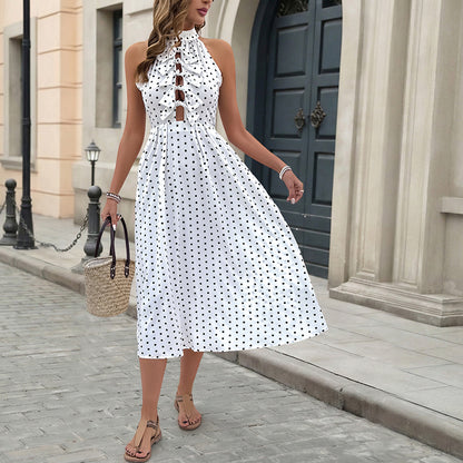 Polka Dot A-Line Midi Dress with Halter Neck and Bow Detail