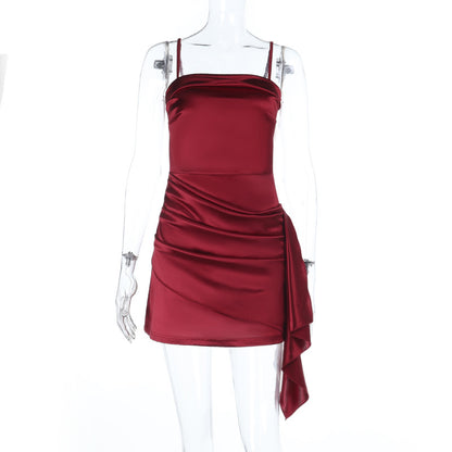 Ruched Satin Mini Dress with Spaghetti Straps and Side Drape