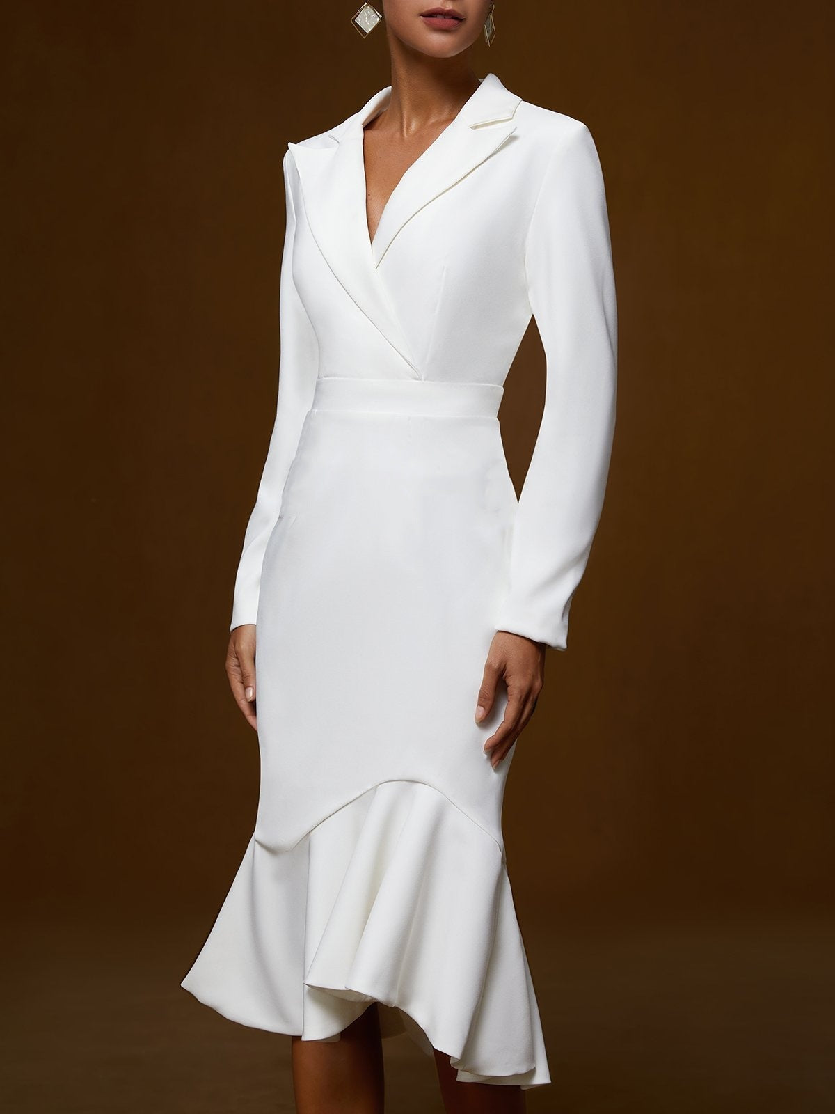 Wrap Midi Dress with Lapel Collar and Fishtail Hem