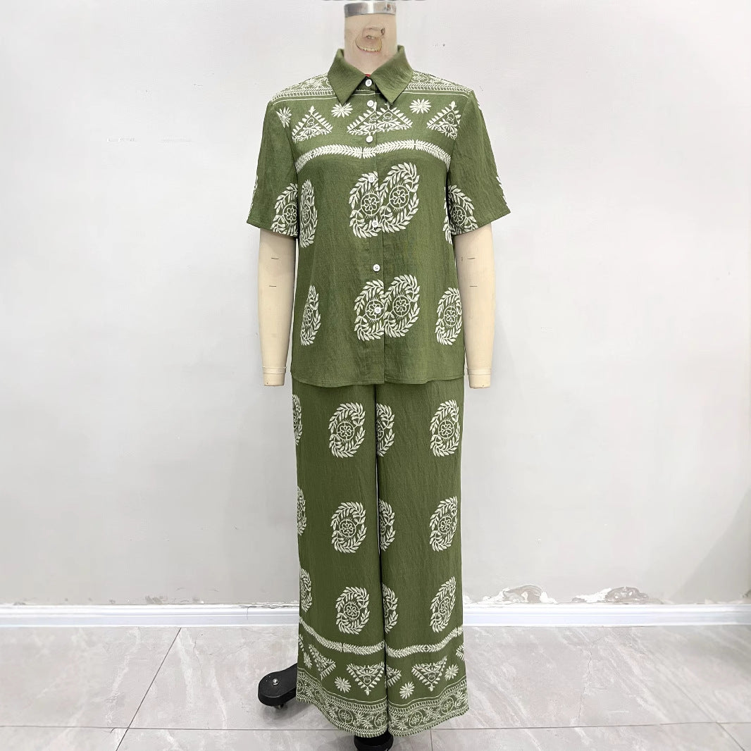 Botanical Print Short-Sleeve Shirt & Wide-Leg Pants Set