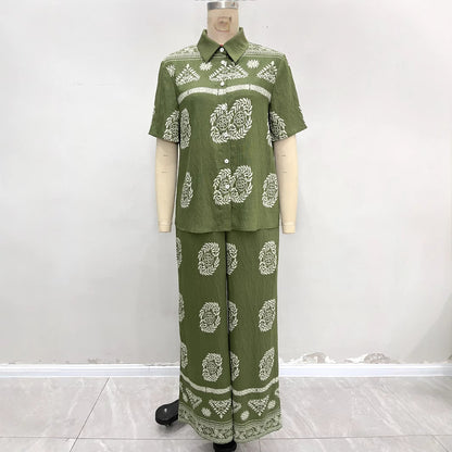 Botanical Print Short-Sleeve Shirt & Wide-Leg Pants Set