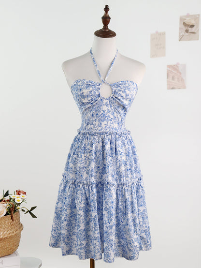 Floral Halter Midi Dress with Keyhole Detail and Tiered Skirt