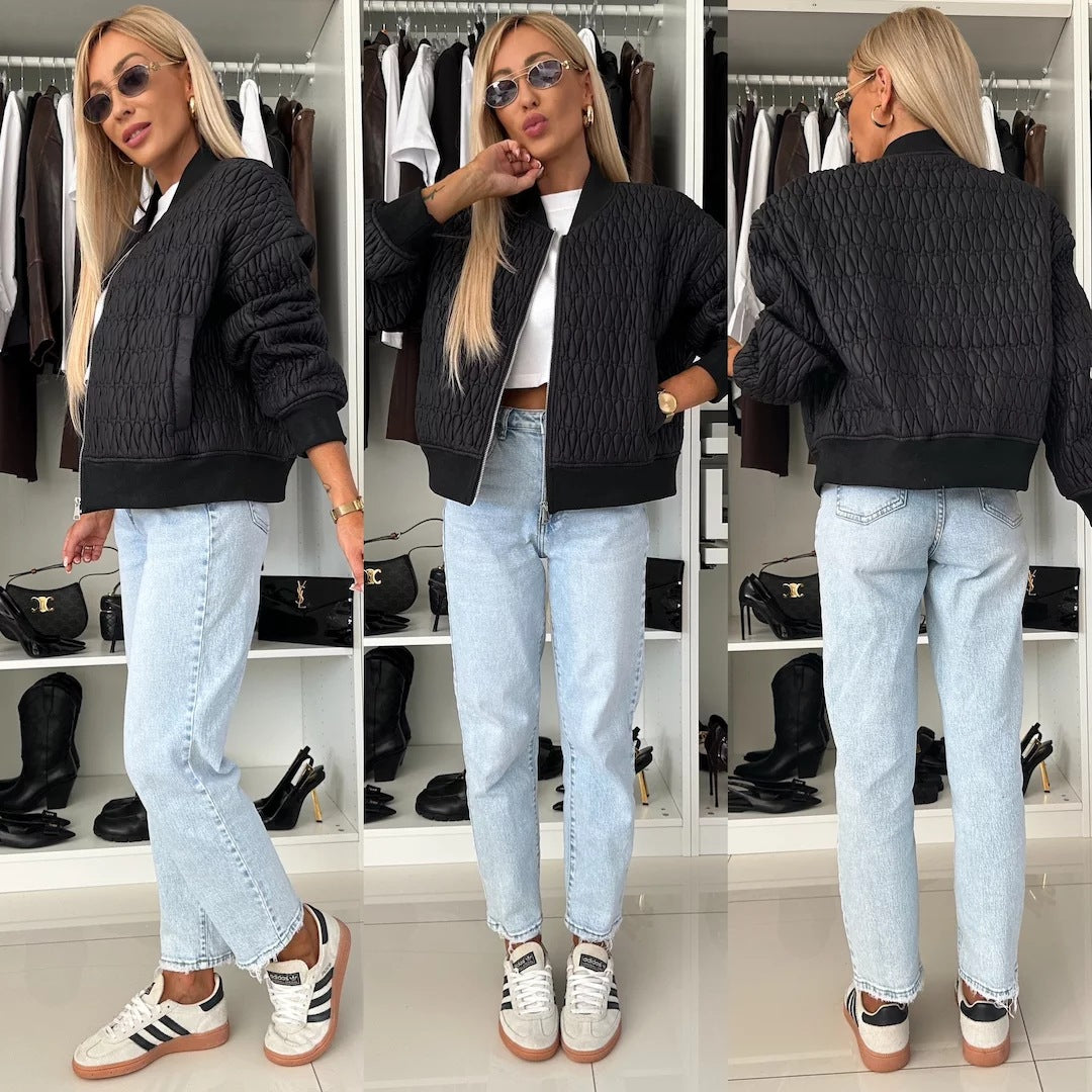 Padded Quilted Bomber Jacket with Ribbed Trim