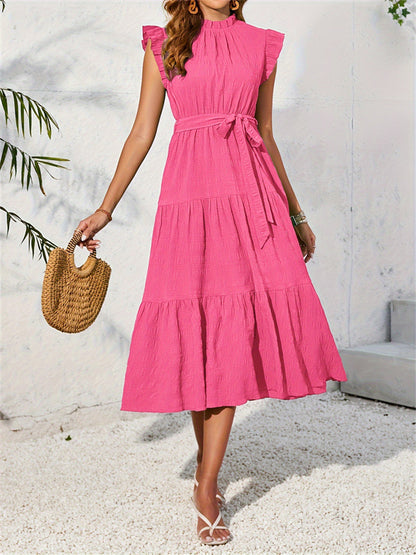 Textured Tiered Midi Dress with Ruffled Mock Neck and Tie Waist