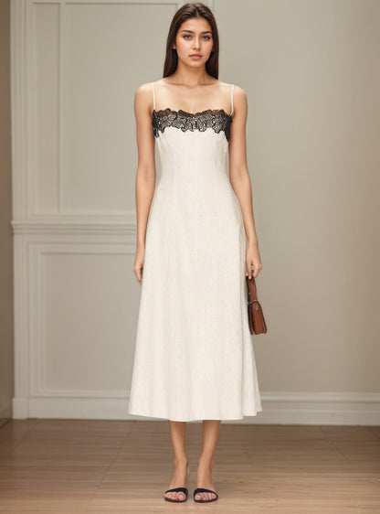A-Line Midi Dress with Contrast Lace Bust and Spaghetti Straps