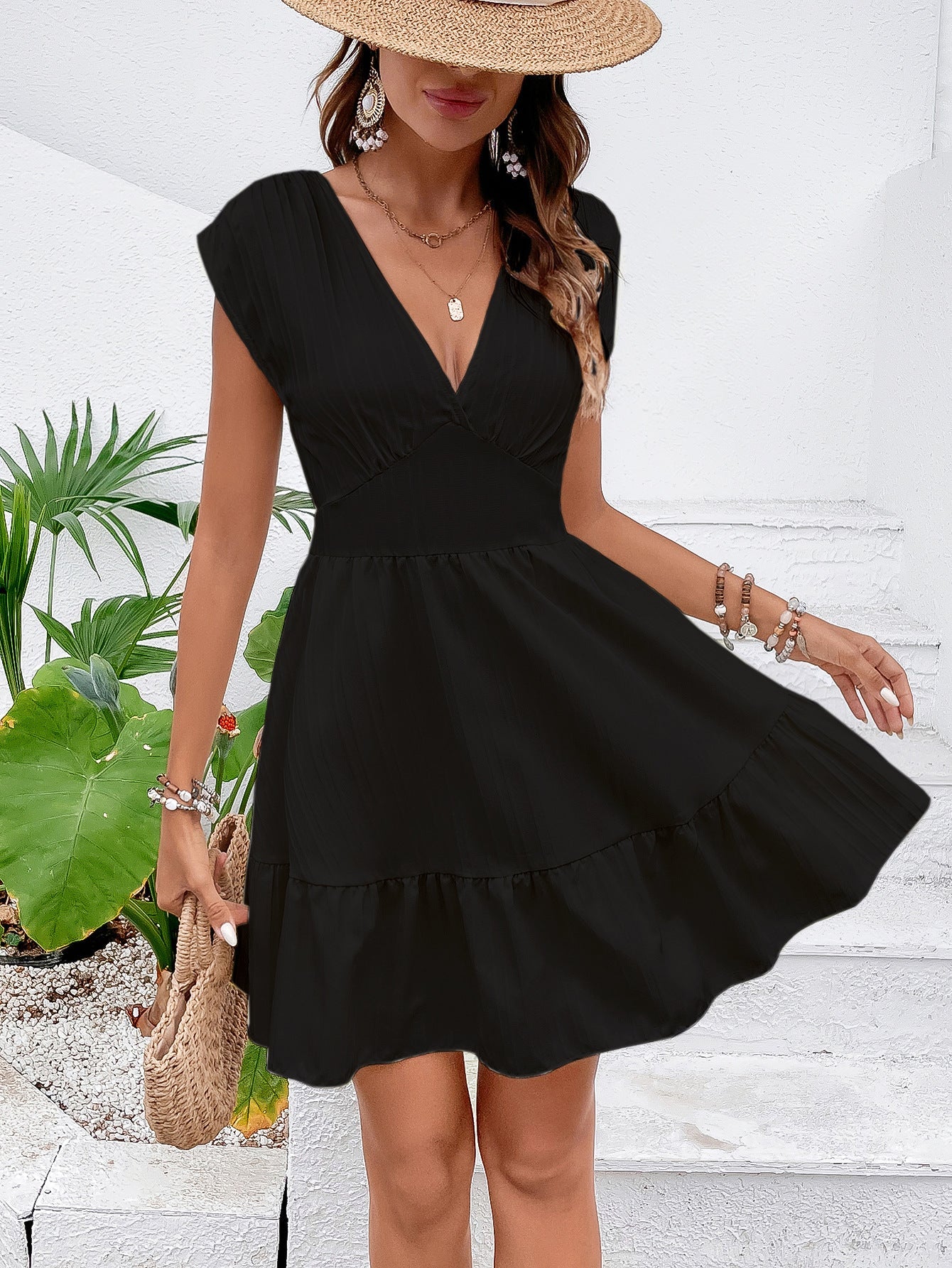 A-Line V-Neck Mini Dress with High Waist and Ruffle Hem