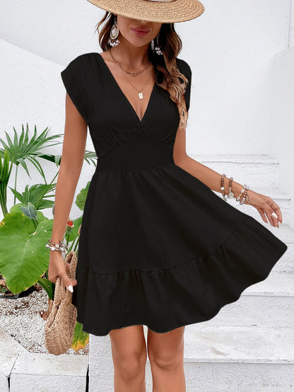 A-Line V-Neck Mini Dress with High Waist and Ruffle Hem