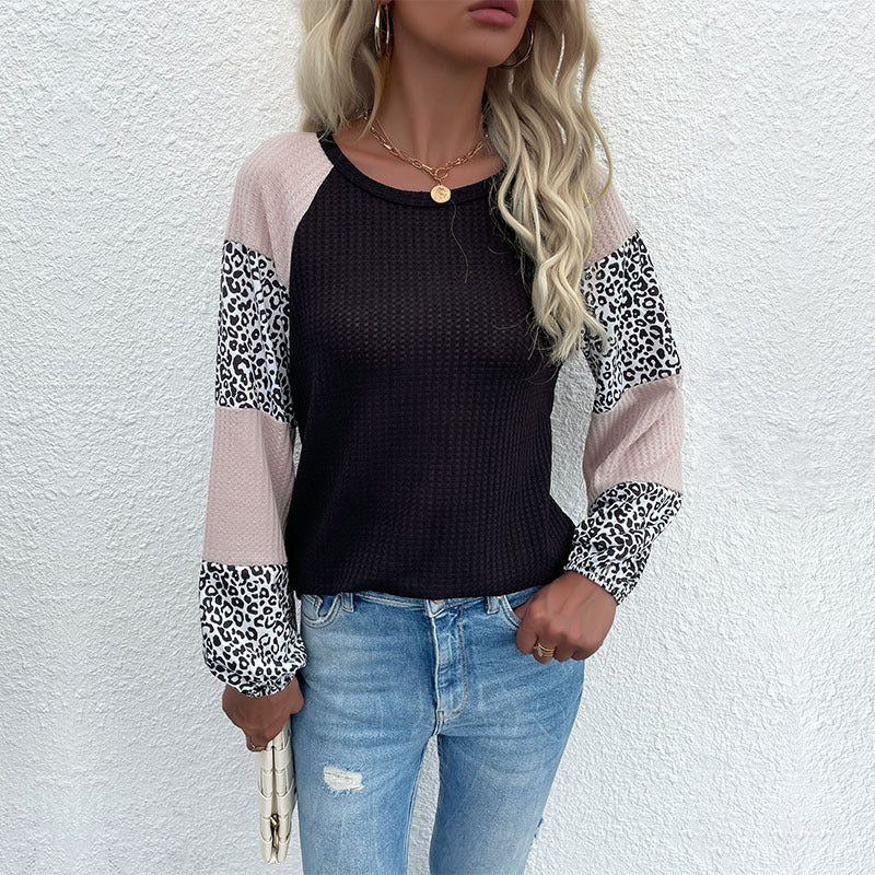 Crewneck Waffle Knit Top with Leopard Print Color-Block Sleeves