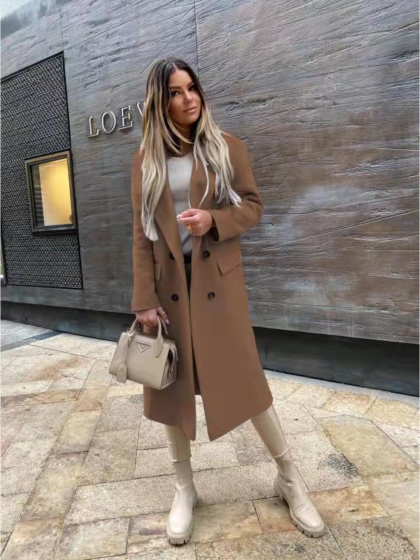 Solid Double-Breasted Midi Coat with Notched Lapel