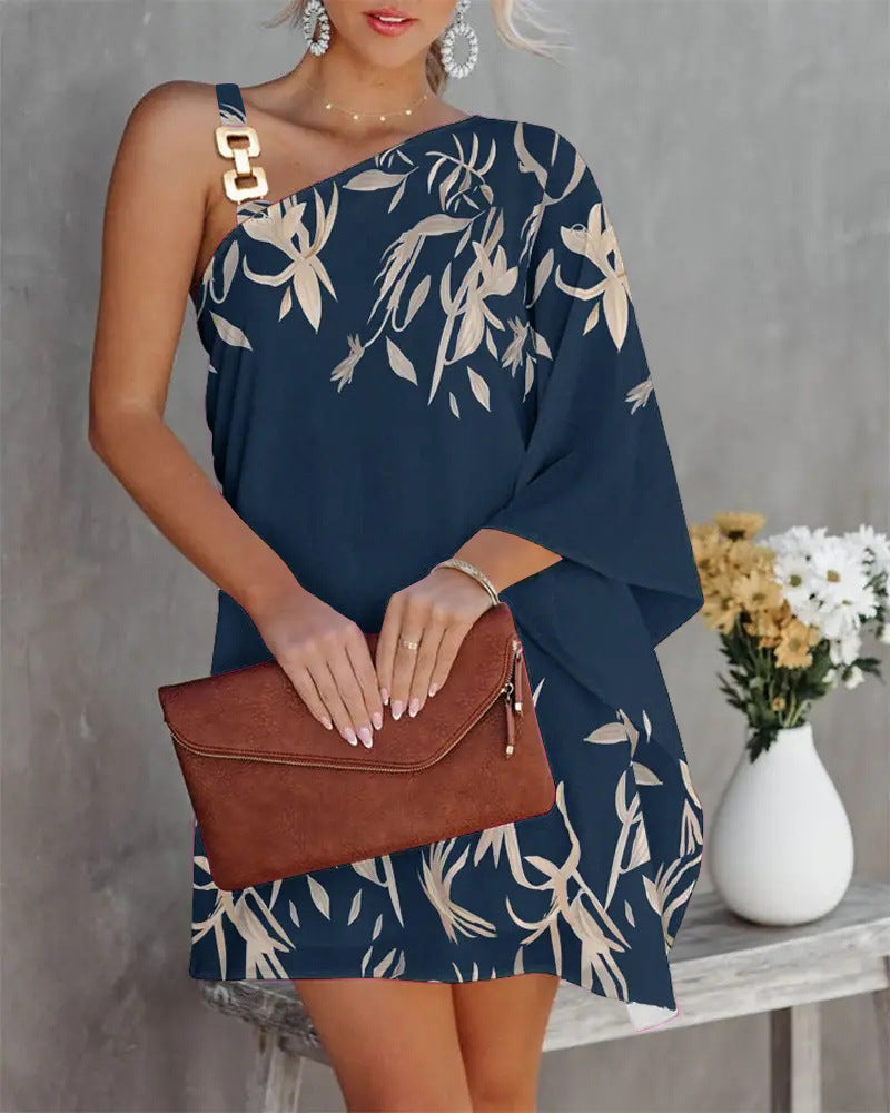 Printed One-Shoulder Mini Dress with Bat Sleeves