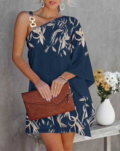 Printed One-Shoulder Mini Dress with Bat Sleeves