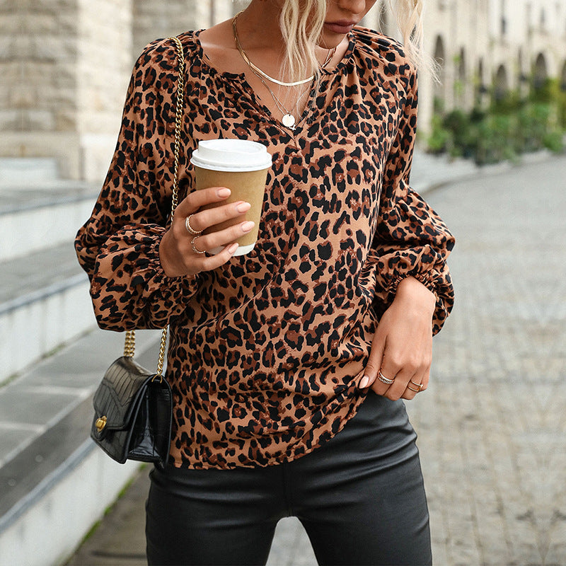 Leopard Print Pullover Blouse with V-Neck and Lantern Sleeves