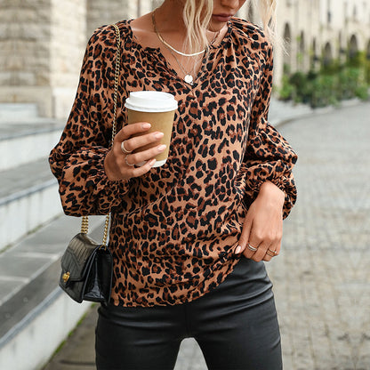 Leopard Print Pullover Blouse with V-Neck and Lantern Sleeves