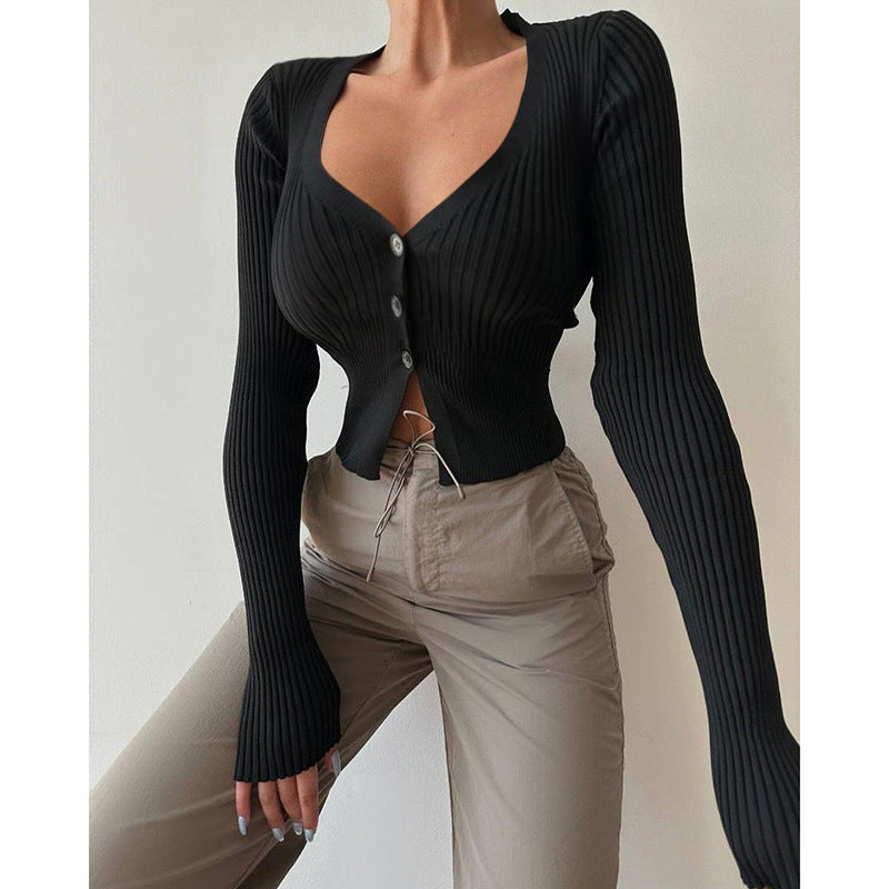 Cropped Ribbed Cardigan with Button Front and V-Neck