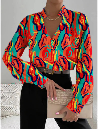 Floral Print V-Neck Blouse with Long Sleeves