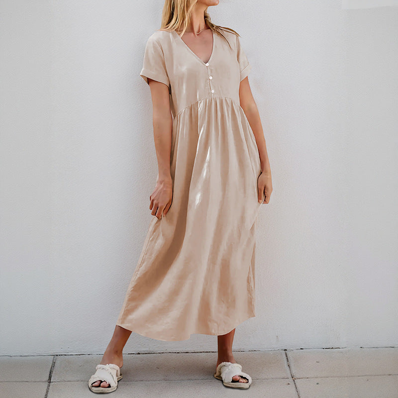 Cotton Linen A-Line Midi Dress with V-Neck and Gathered Waist
