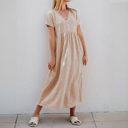 Cotton Linen A-Line Midi Dress with V-Neck and Gathered Waist