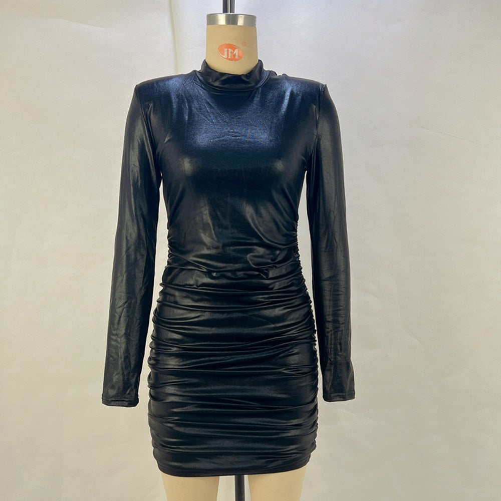 Mid-Length Pleated Long Sleeve Dress Solid Color Polyester