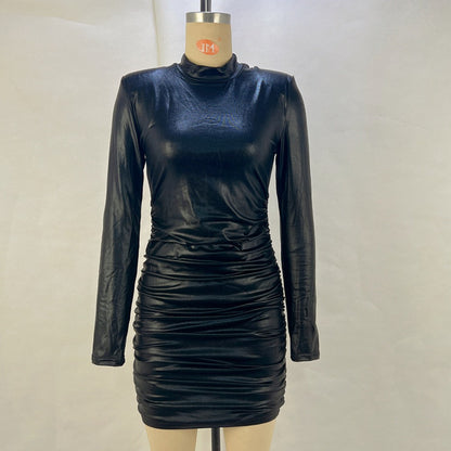 Mid-Length Pleated Long Sleeve Dress Solid Color Polyester