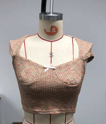 Slim-Fit Cropped Knit Top with Sweetheart Neck and Cap Sleeves