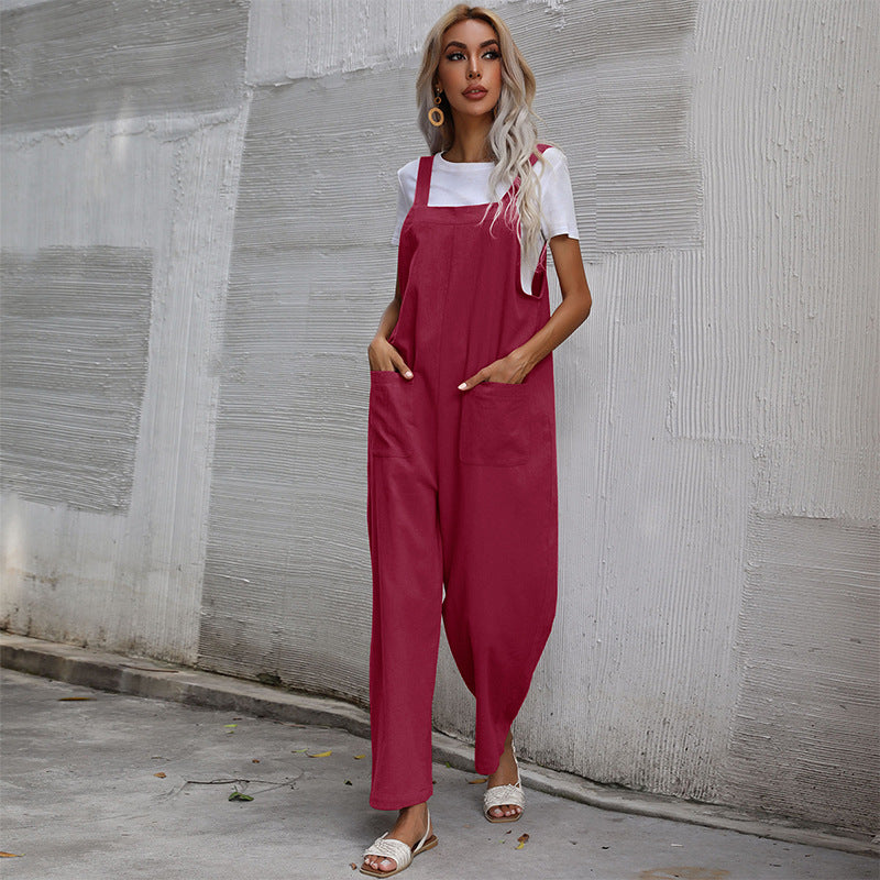 Loose Fit Cotton Linen Suspender Jumpsuit