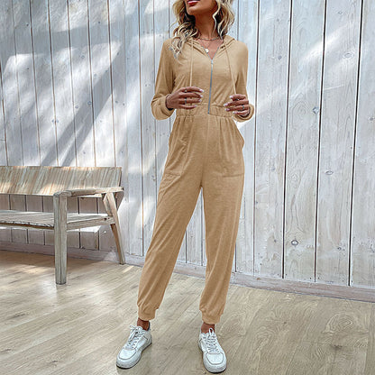 Hooded Jumpsuit with Half-Zip and Drawstring Waist