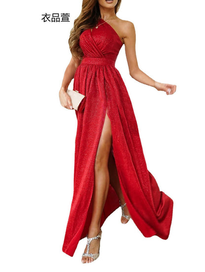 Glitter A-Line Maxi Dress with One-Shoulder Neck and Slit