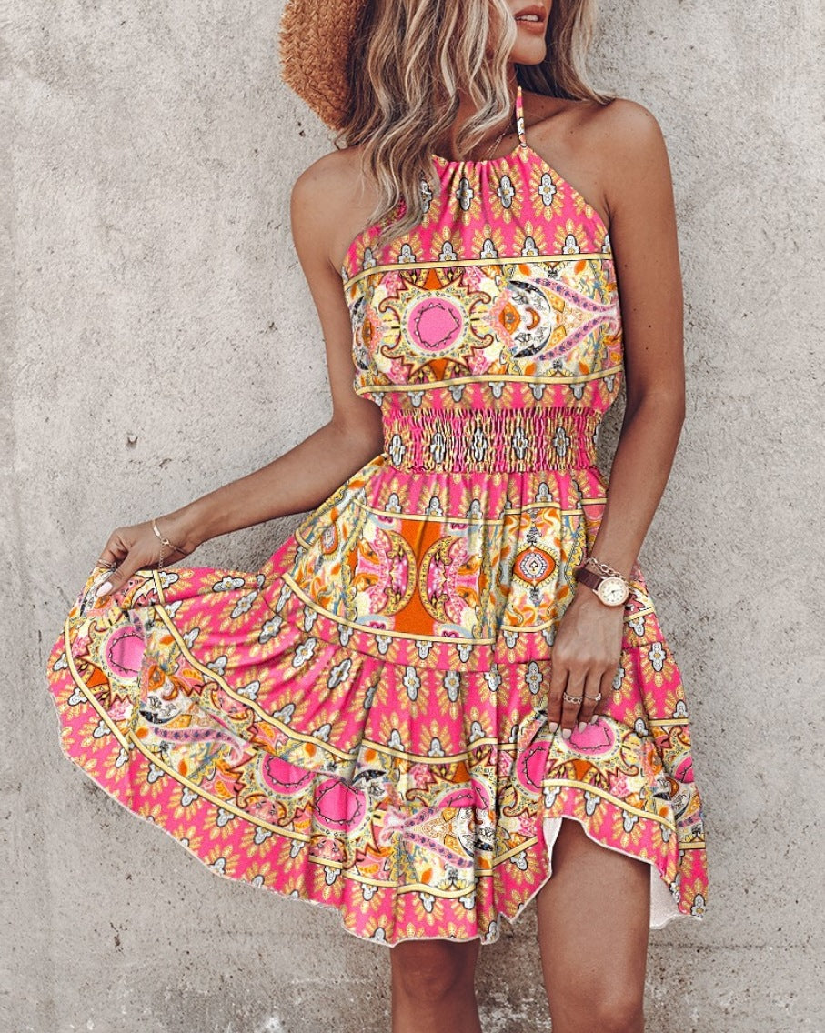 Vibrant Printed Dress with Halter Neck and Smocked Waist