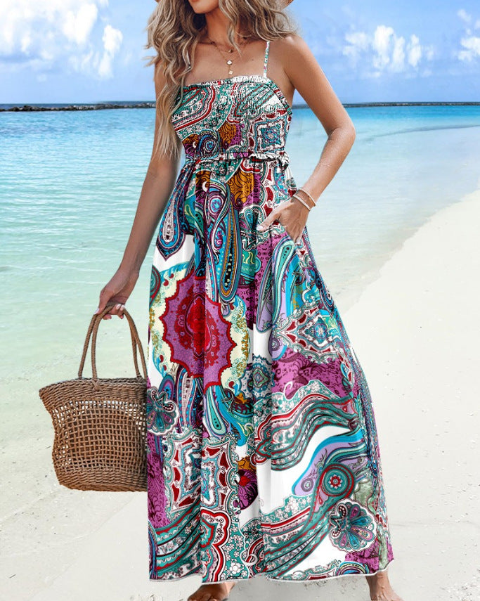 Abstract Print Maxi Dress with Smocked Bodice and Pockets
