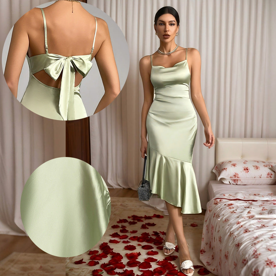 Satin A-Line Midi Dress with Ruffled Hem and Tie-Back Bow