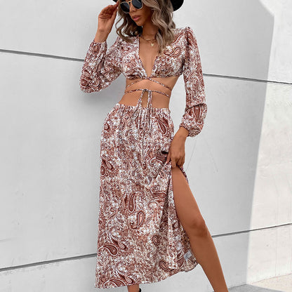 Paisley Print Skirt Set with Tie-Waist Crop Top and High-Slit Maxi Skirt