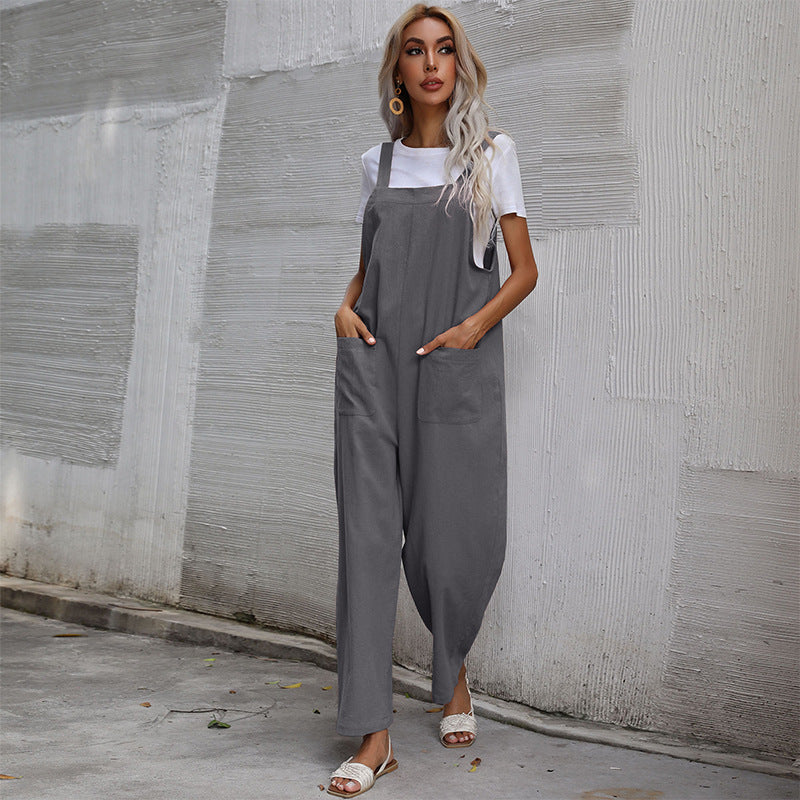 Loose Fit Cotton Linen Suspender Jumpsuit
