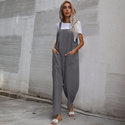 Loose Fit Cotton Linen Suspender Jumpsuit