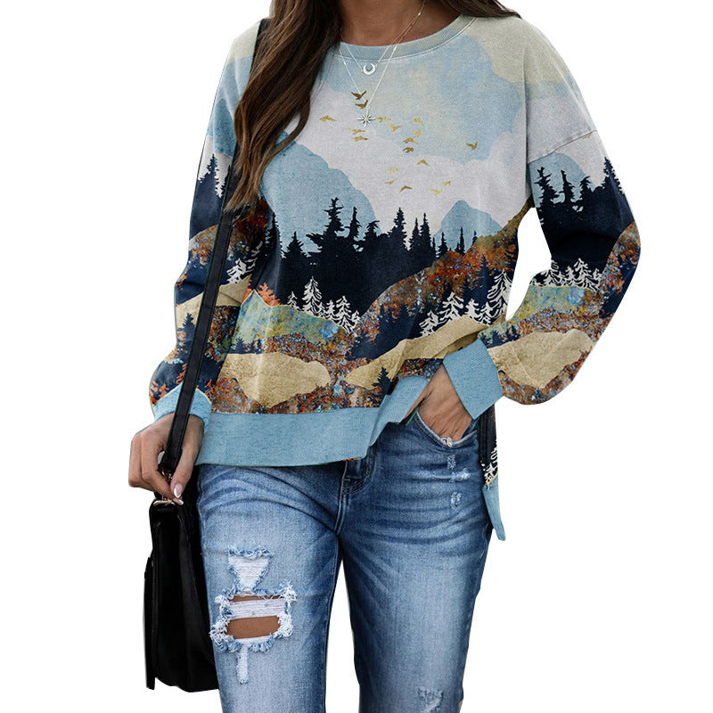 Mountain Landscape Print Pullover with Side Slits