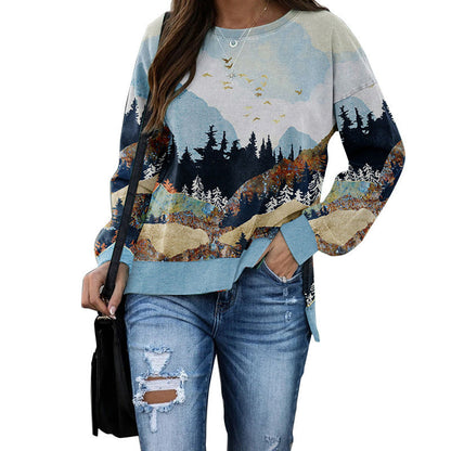 Mountain Landscape Print Pullover with Side Slits