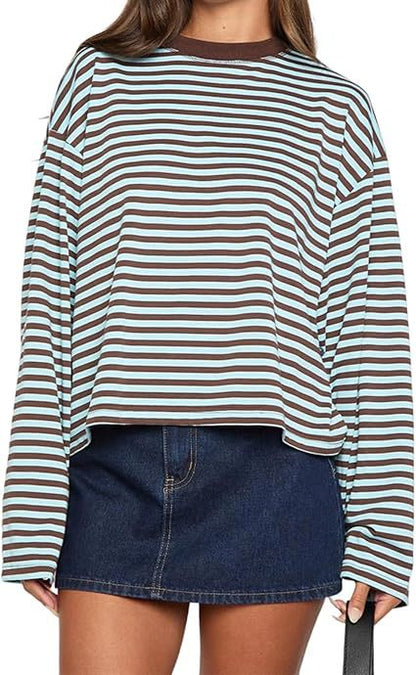 Oversized Striped Long Sleeve T-Shirt with Round Neck