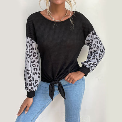 Waffle Knit Pullover with Leopard Patchwork and Tie-Front