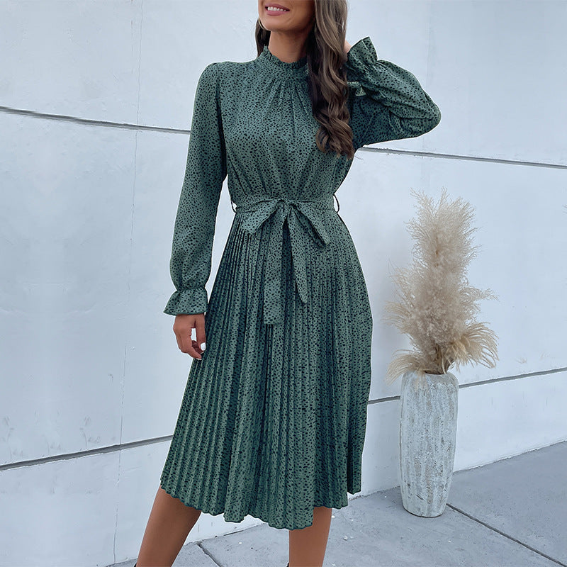 Dotted Print Pleated Midi Dress with Mock Neck
