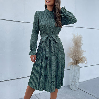 Dotted Print Pleated Midi Dress with Mock Neck