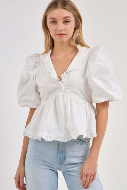 Peplum Blouse with Bubble Sleeves and Ruffle V-Neck