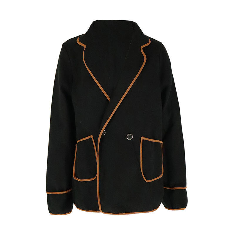 Loose Woolen Coat with Contrasting Trim and Notched Lapels