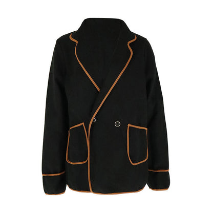Loose Woolen Coat with Contrasting Trim and Notched Lapels