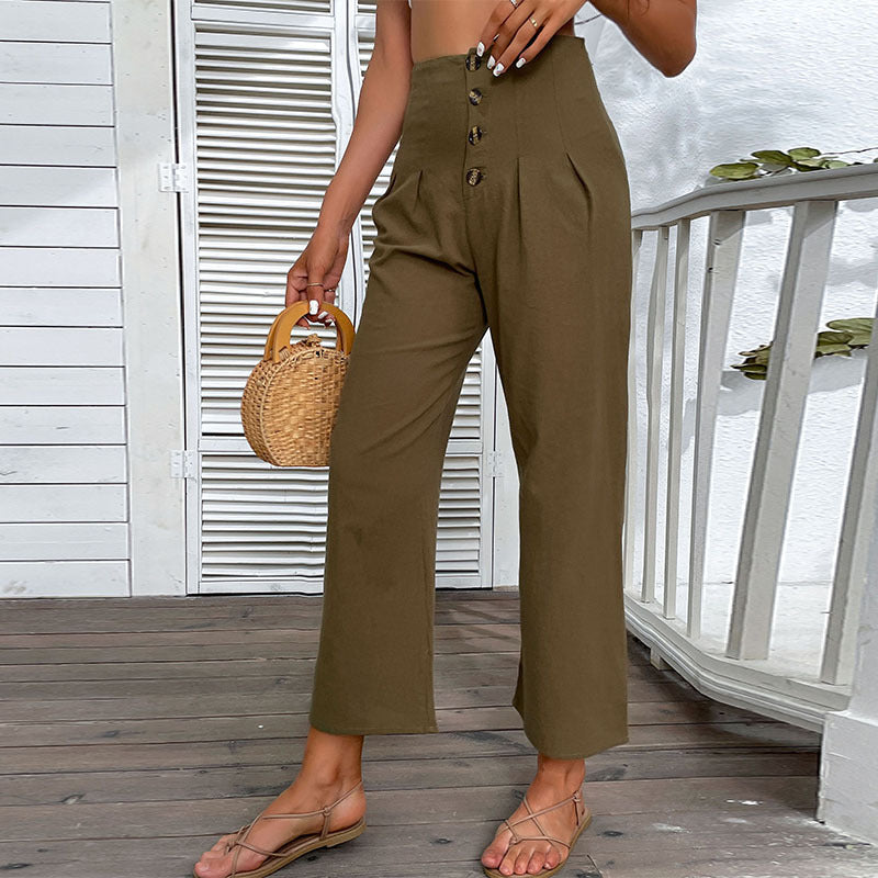 High-Waist Wide-Leg Cropped Pants with Button Front