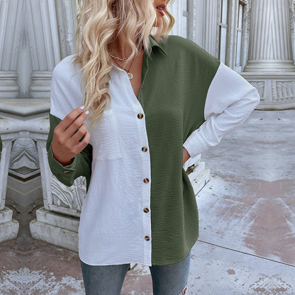 Color-Block Button-Down Shirt with Crinkled Texture