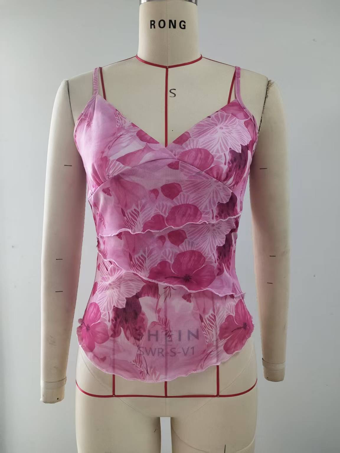 Floral Mesh Camisole with V-Neck and Tiered Ruffles
