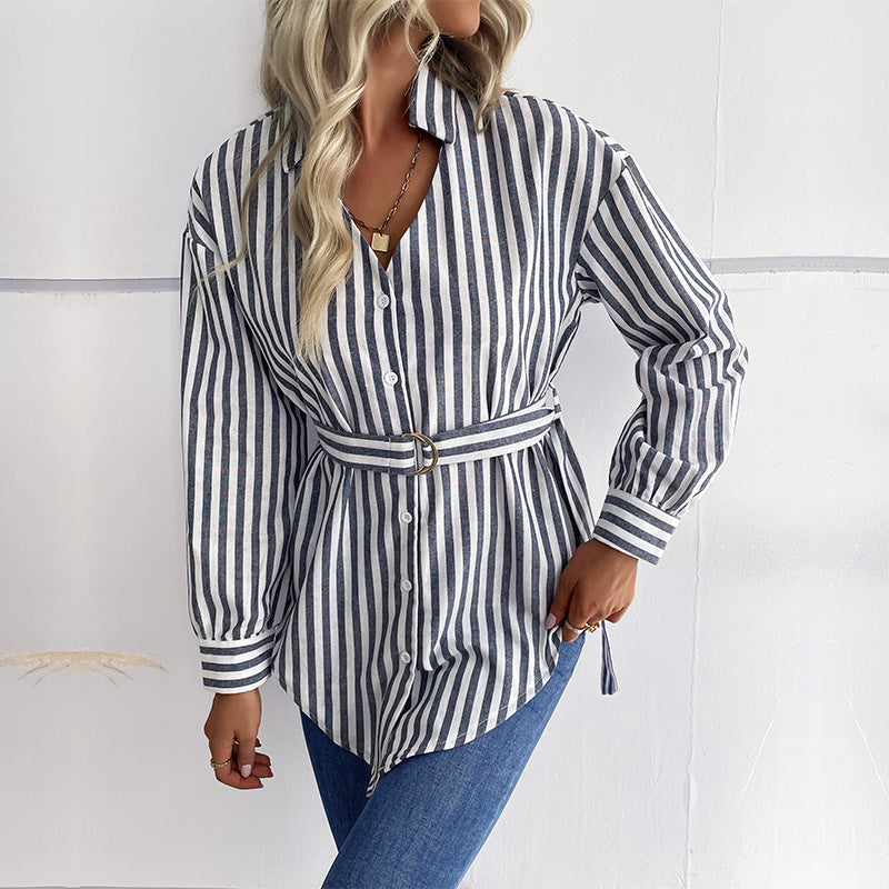 Striped Tunic Shirt with V-Neck and Belted Waist