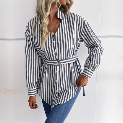 Striped Tunic Shirt with V-Neck and Belted Waist